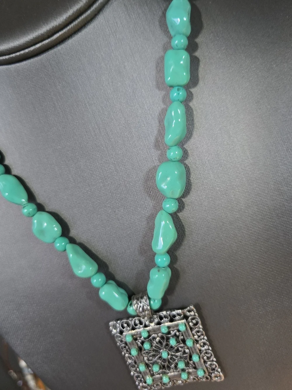 Turquoise Style Bead Necklace with Silver Filigree Pendant